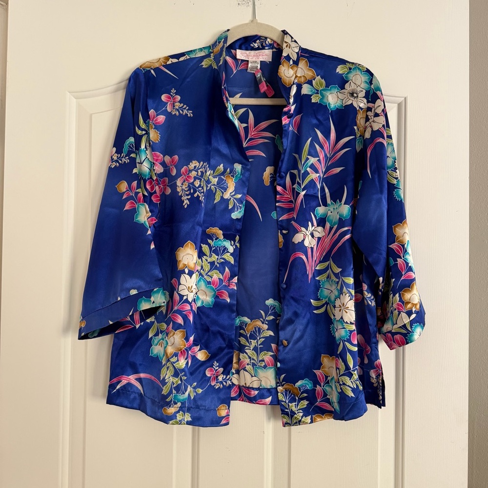 Vintage Oscar de la Renta Blue Floral  Jacket 90s kimono statement piece
